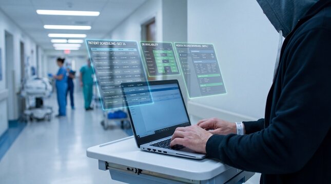 Person working on computer with augmented reality virtual screens and floating data symbols