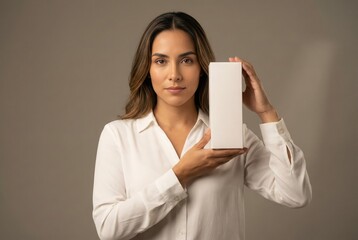 Naklejka premium Woman holding blank white product box mockup in front of neutral studio background with soft warm lighting