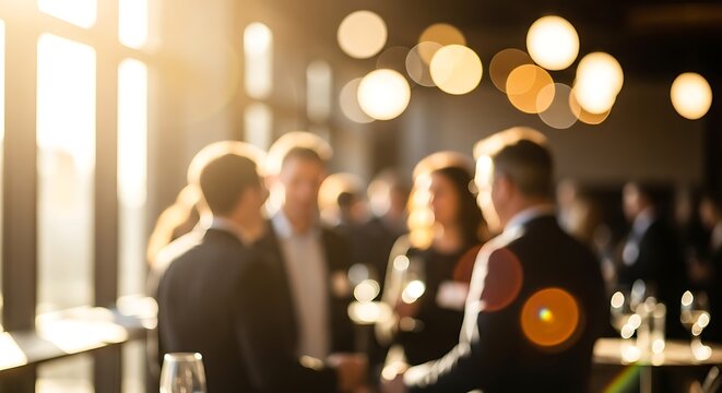 Blurred group of business professionals socializing and enjoying a party in a modern office setting with warm lighting and a bokeh background ideal for corporate design and marketing visuals