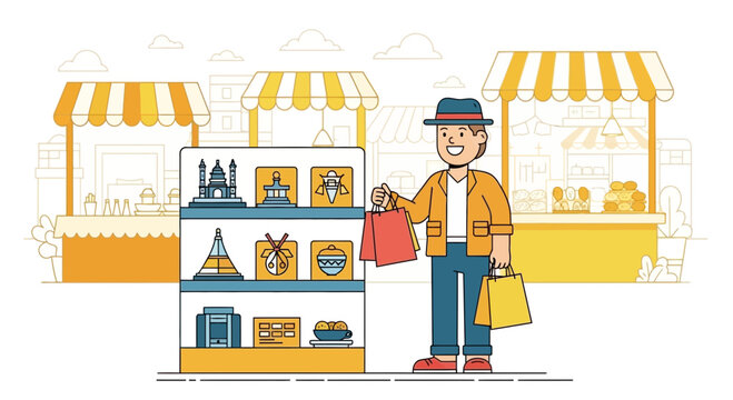 Man happily shopping at a market stall.