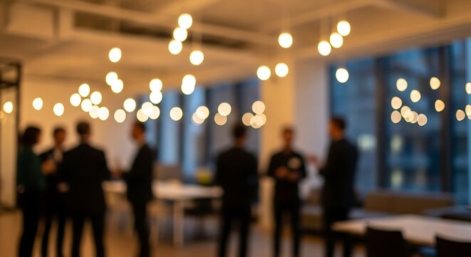 Blurred group of business professionals socializing and enjoying a party in a modern office setting with warm lighting and a bokeh background ideal for corporate design and marketing visuals