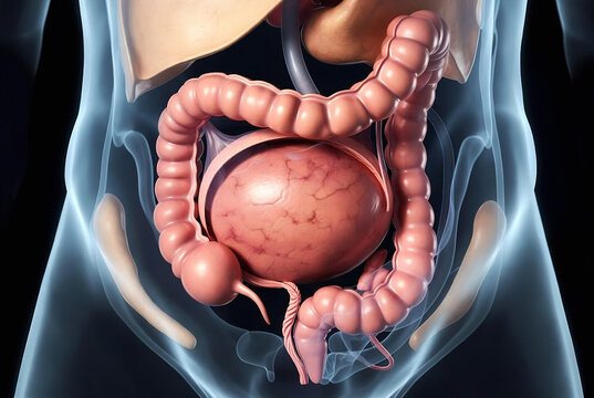 This image depicts a cross-section of the human digestive system, highlighting the colon and liver.