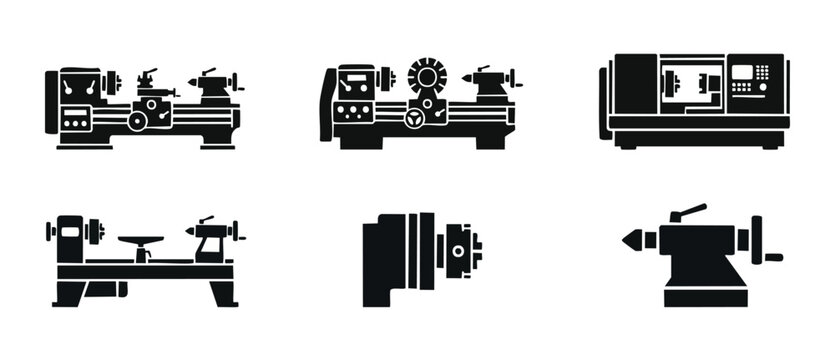 Lathe Machine Icons Set - Metalworking and Industrial Turning Tools for Manufacturing, CNC Precision Engineering, and Workshop Equipment Silhouettes for Mechanical Fabrication and Heavy Machinery Desi