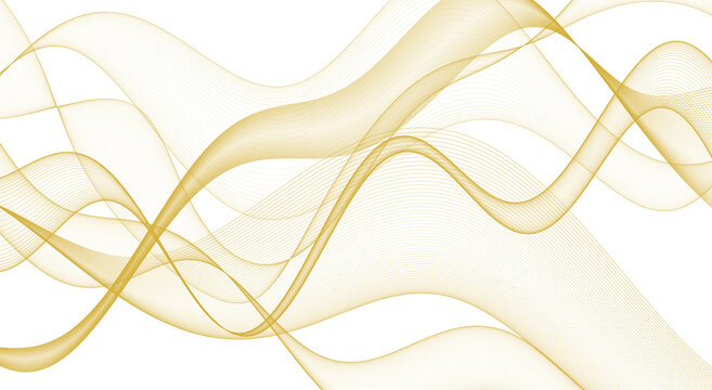 Elegant golden wave graphic element. Yellow abstract luxury lines, flowing dynamic curves, smooth smoke ribbon swoosh. Modern premium style. Isolated transparent png object, cutout.