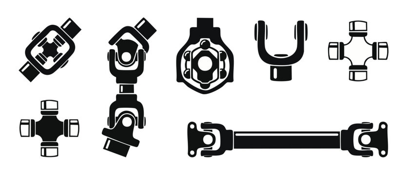 Universal Joint Car Drive Shaft Parts Set - Mechanical Drivetrain Components Vector Icon Collection for Automotive Engineering, Industrial Machine Transmission, Vehicle Repair, and Gear System Mainten
