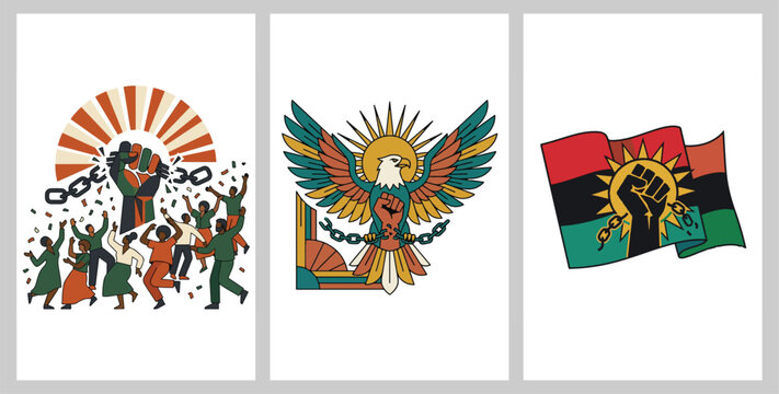 Juneteenth Freedom Day Art, African American Liberation Poster Set, Broken Chains & Fist Sunburst Decor, Set of 3 Digital Prints