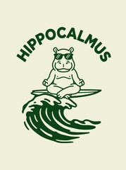 Fototapeta premium Hippopotamus meditates on surfboard calmly.
