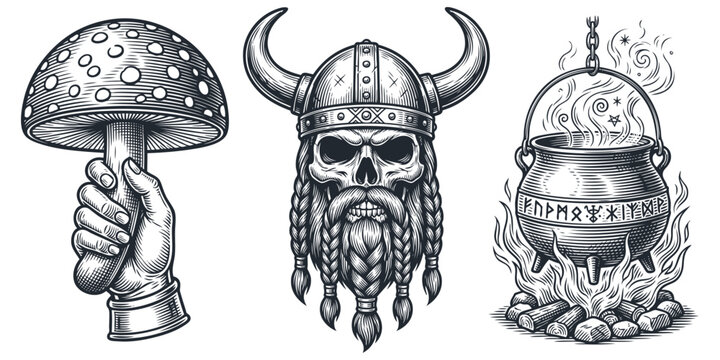 A vector set of Norse mythology icons in a classic engraving style. Includes a Viking skull, a magic cauldron with runes, and a hand with a fly agaric mushroom.