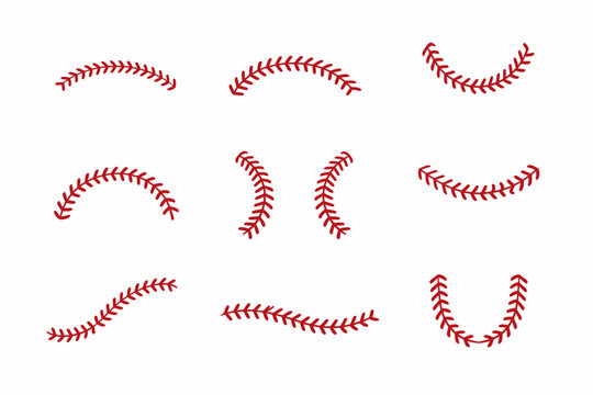 Set of curved red baseball stitching patterns on white background