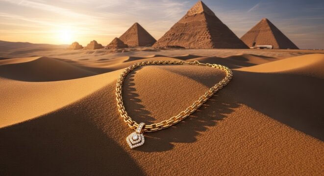 Golden necklace on desert sand with pyramids in background at sunset