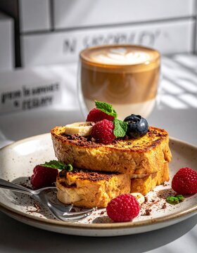 A plate of French toast topped with berries and a cup of coffee on a table indoors.