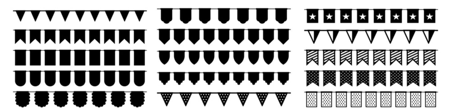 Black bunting flags with grunge illustrator brush strokes, ink painted pennants and distressed banner collection. Rough textured party decoration, hand crafted celebration graphic element. Flat vector