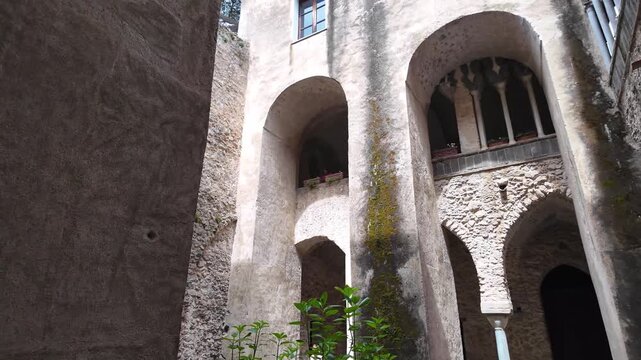 Medieval Arches and Stone Walls of Villa Rufolo in Ravello City, Italy