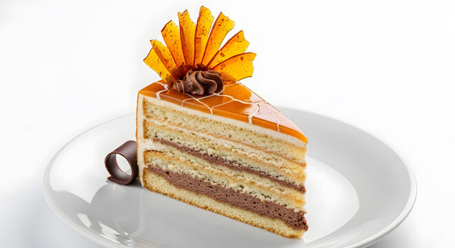Hungarian chocolate and hazelnut cake with caramel crackling glazes and fan on top, known as dobos torte served in a plate against white background 