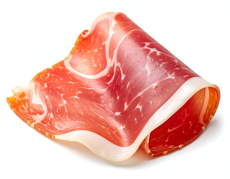 A delicate thinly sliced ribbon of prosciutto cured ham gracefully draped over a clean white background