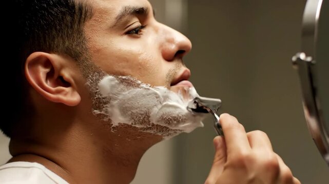 Young man performing a daily grooming routine using a razor and rich lather in the bathroom for self care.