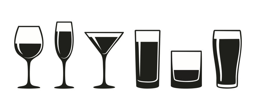 Alcoholic drinks glassware icons set, wine, champagne, martini, highball, rocks and beer glass silhouettes for bar menu, restaurant catering design elements isolated on white background flat vector