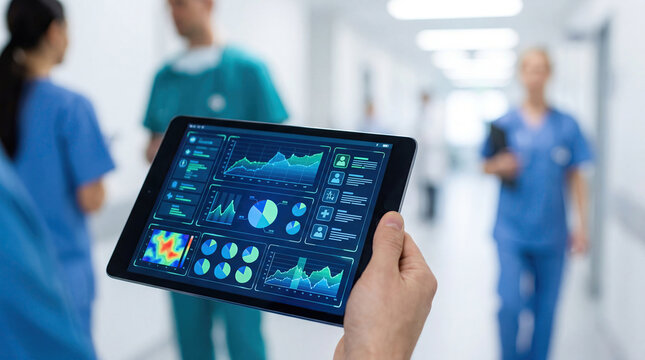 Modern clinic management software health care administration concept. Healthcare professional examines data on a digital tablet.