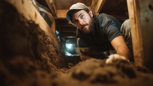 Worker inspecting narrow crawlspace trench under house for sewer repair work and septic maintenance, holding flashlight and tools amid soil and wooden joist.