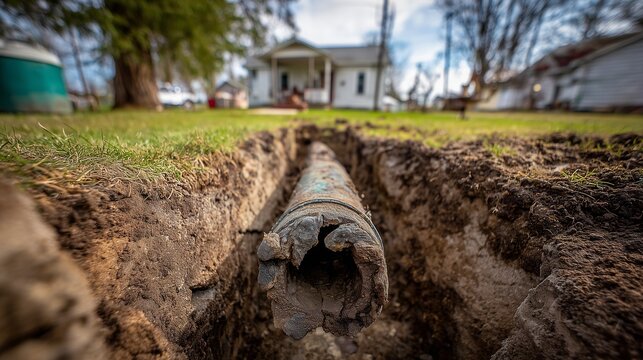 Excavated yard with exposed broken sewer pipe for sewer repair work. maintenance septic repair showing cracked clay pipe, soil trench, and suburban house background.
