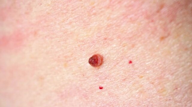 Close-up video of skin tag attached to the elderly person body. Selective focus harmless polypoid outgrowth, hanging mole or acrochordon. Growth hangs from small stalk or peduncle.