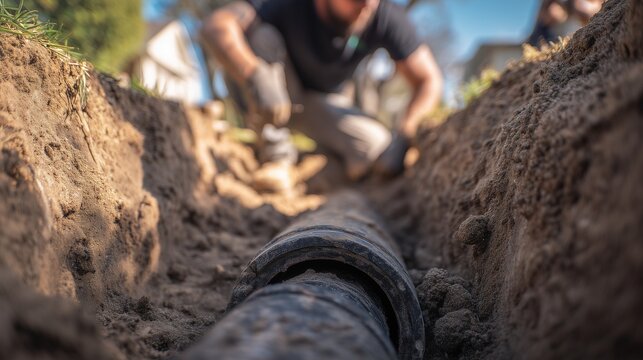 Worker inspecting a buried sewer pipe in a trench for maintenance and septic repair work, showing pipe, soil, and hand tools.