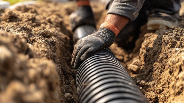 Worker installing corrugated sewer pipe in trench for septic repair and maintenance, gloved hands guiding pipe into soil.