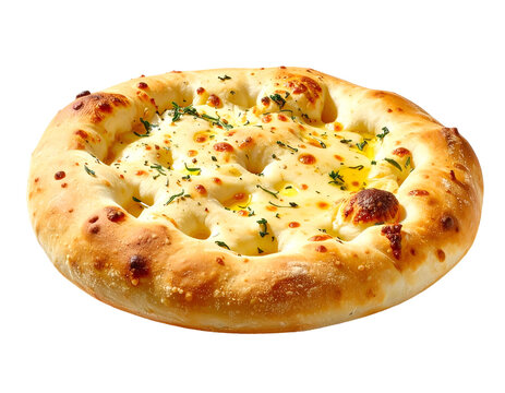 Mouth watering commercial bakery photography of a freshly baked mini cheese pizza or savory focaccia flatbread.