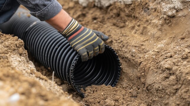 Worker installing corrugated drain pipe in trench for sewer repair work. maintenance septic repair and drainage connection between house and sewer line.