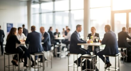 Fototapeta premium Corporate event networking background featuring blurred professionals in a modern reception hall with soft lighting and glass architecture ideal for business presentation design or marketing visuals