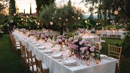 Fototapeta premium Elegant Outdoor Wedding Banquet Setup / エレガントな屋外ウェディングの宴会セット
