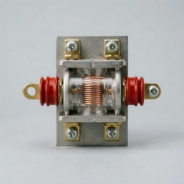 Close-up of an Electrical Relay with Copper Coil and Red Insulators