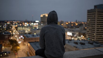 Fototapeta premium Individual wearing gray hoodie sits on rooftop edge overlooking city skyline at dusk, with illuminated buildings and streets visible in the background
