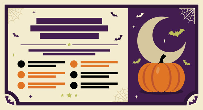 Purple moon and pumpkin adorn a festive Halloween-themed layout. Small bats flutter near a webbed background. Text placeholders suit event flyers or seasonal promotions