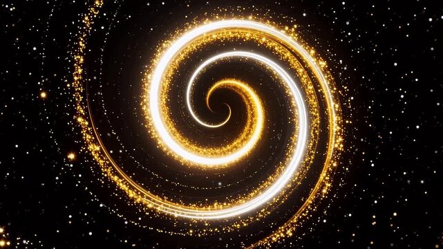 Shimmering golden spiral on black starry background