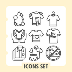 Fototapeta premium Water drop, shirt in hands, fresh shirts icons, collection illustrating concepts such as peace and activism. Set of nine line icons on white background.