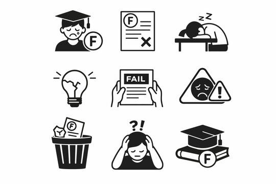 Icons depicting academic failure and frustration with exams and grades