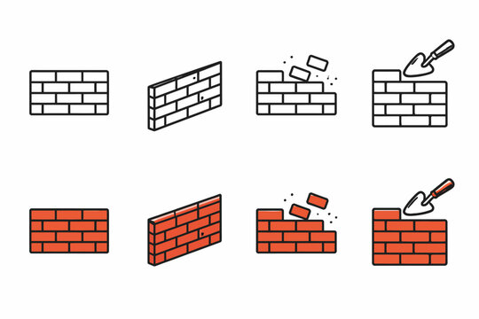 Brick wall stages and tools icon set with trowel illustrations