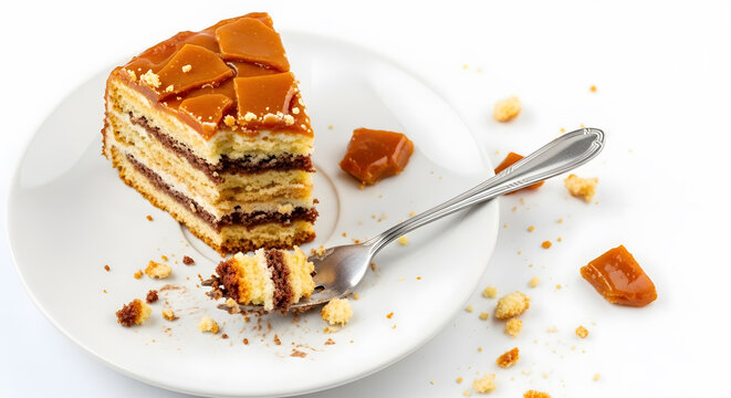 Hungarian cake or dobosh, known as dobosh torte as well a cake from hazelnut and buttercream based with caramel shown eaten in a plate with crumbs