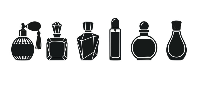 Perfume Bottle Icons Set Black Silhouette Collection for Cosmetic Beauty Design, Luxury Fragrance Containers, Variety of Shapes, Elegant Minimalist Style for Branding, Skincare and Fashion Vector Grap