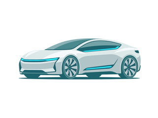 Naklejka premium Modern white electric concept car with blue light accents side view.