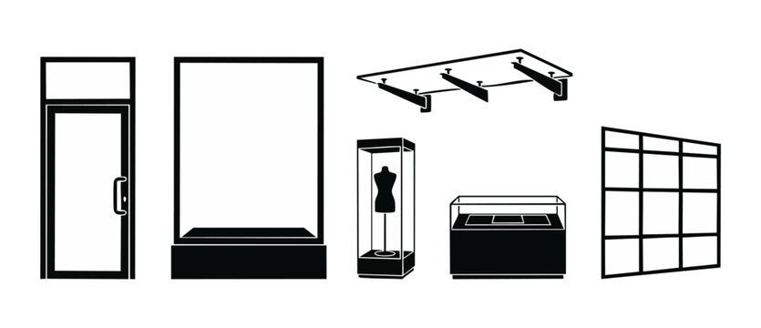Store front display icon set, retail shop window and showcase glass furniture collection. Black vector flat design elements for commercial architecture, merchandising display, and boutique interior la