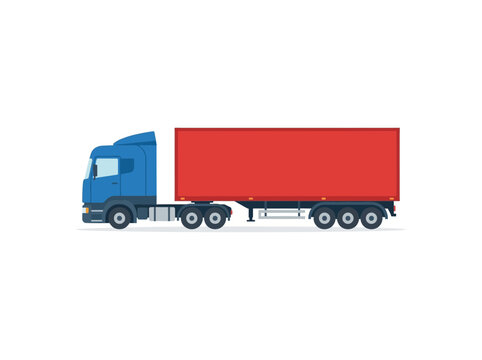 Flat vector illustration of a modern blue semi truck with a red container trailer.