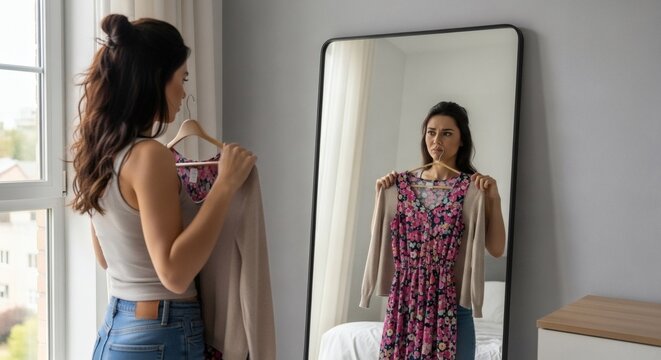 Young woman standing in front of mirror trying on colorful floral dress and beige cardigan