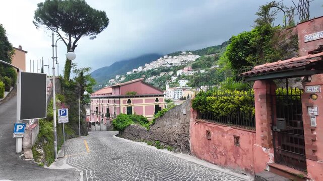 Winding Cobblestone Street Overlooking Vietri sul Mare Town, Italy