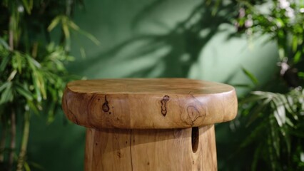 Fototapeta premium Round wooden stool showing grain and knot details indoors
