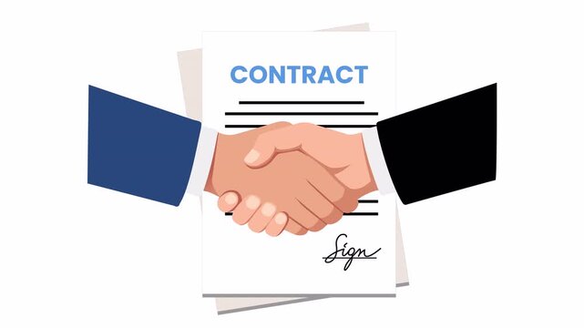 Clean flat design animation of a business handshake over a signed contract paper representing agreement partnership in modern vector style, Alpha channel, transparent background 