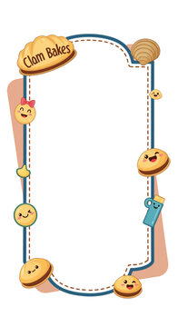 Delightful cartoon clam bake frame with smiling cookies and shells.