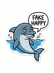 Obraz premium Cartoon dolphin with sarcastic smile and speech bubble saying 'Fake Happy' 