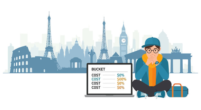 Young traveler planning budget trip with laptop and suitcase.